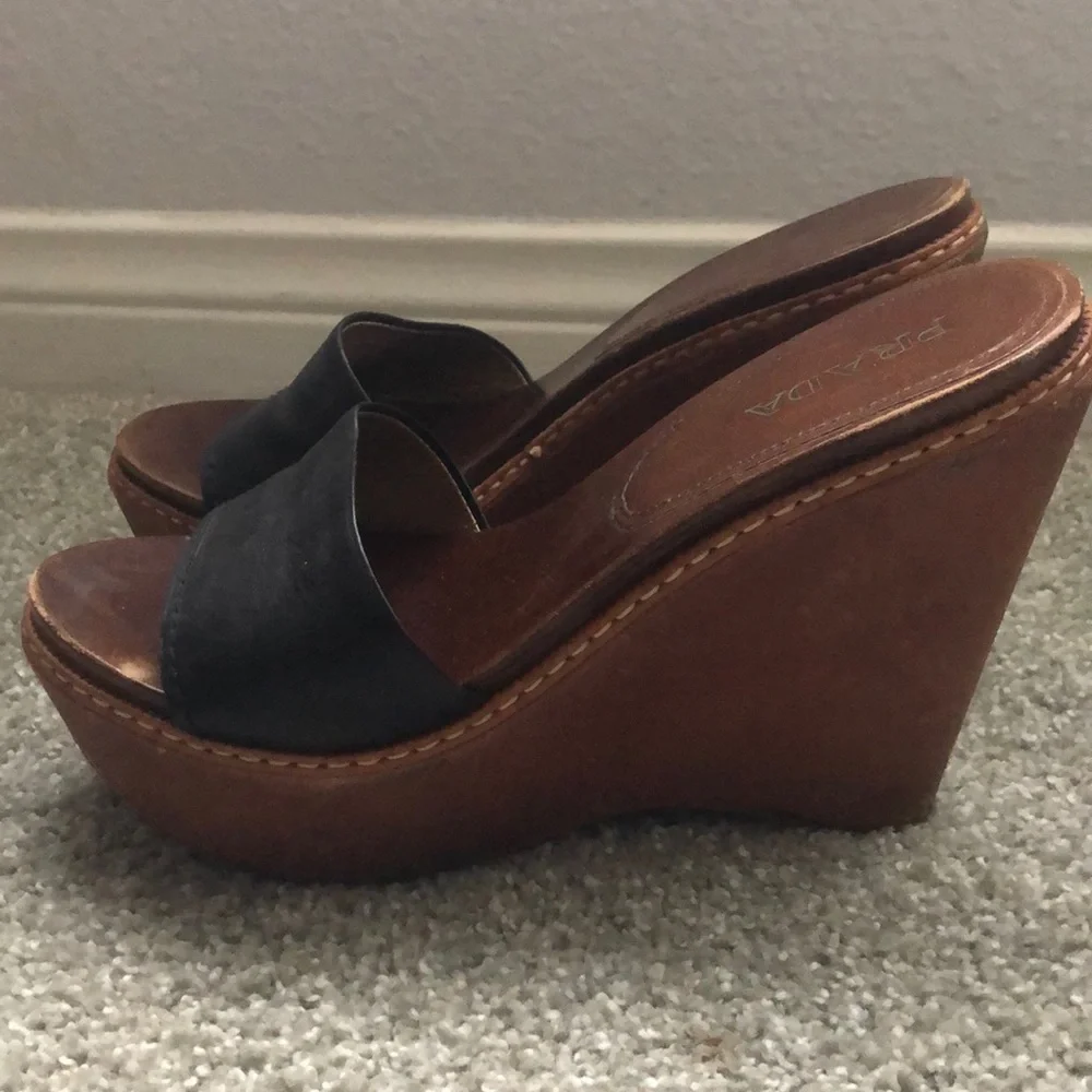 Prada Black Leather and Brown Wood Wedge Sandals - Picture 2 of 7
